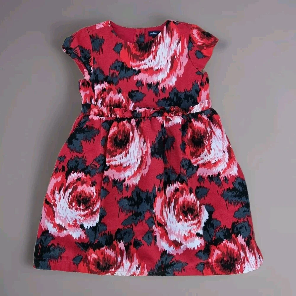 Baby Gap Girls A-Line Dress Lined Red Black Multicolor Big Floral Size 5 Toddler